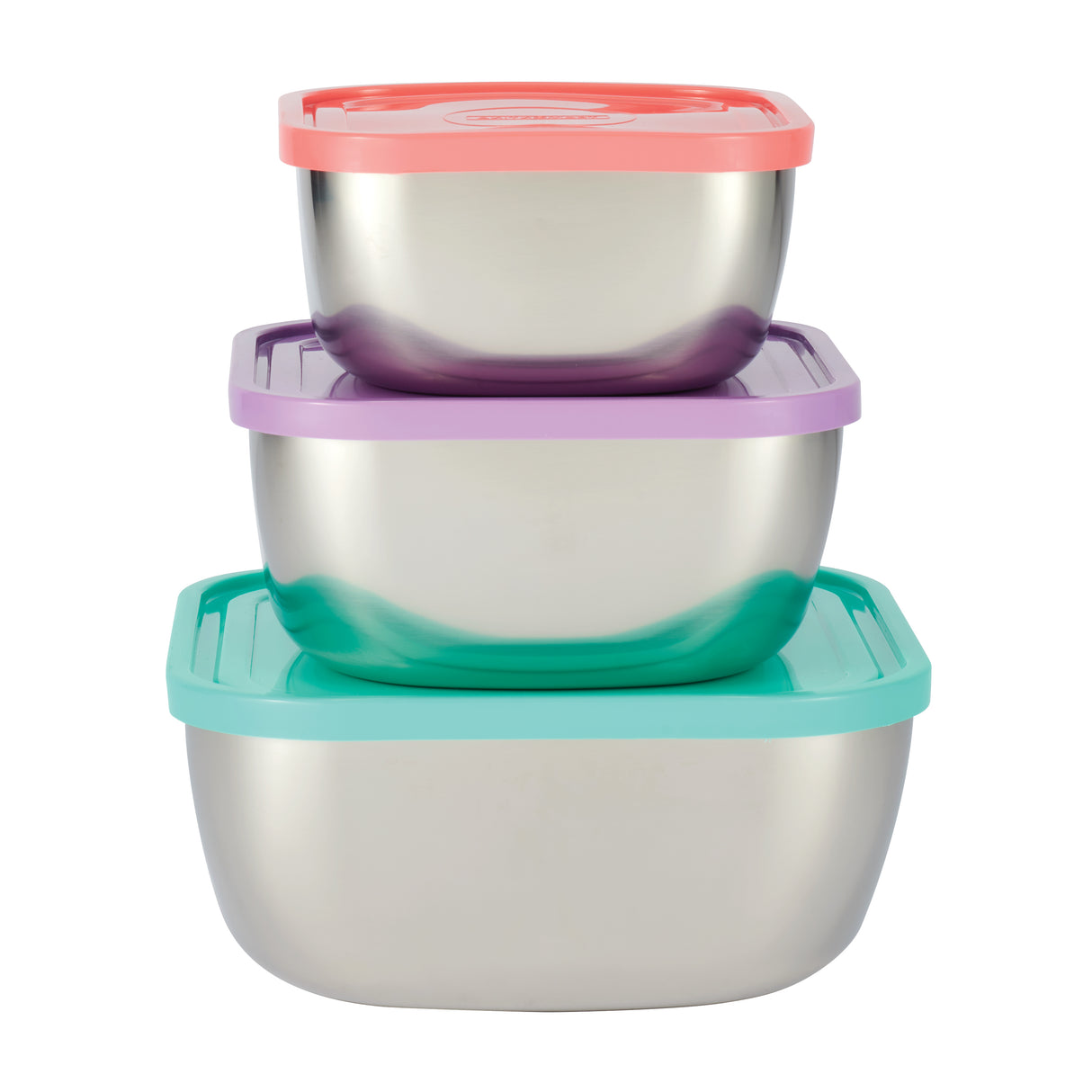6 Piece Square Stainless Steel Covered Container Set - Multi-Color Lids