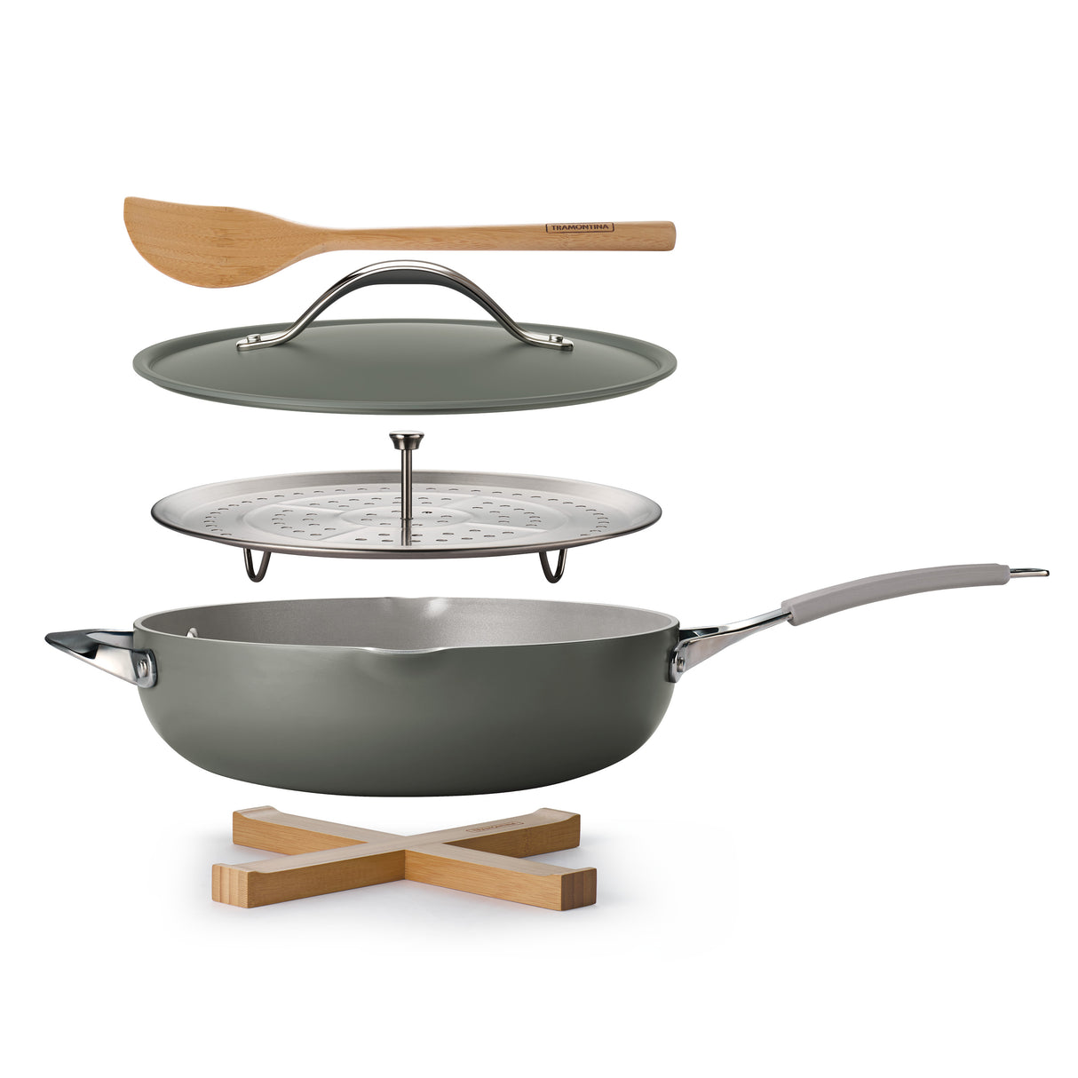 5 Quart Plus Pan w / Steamer and 2 Utensils - Gray