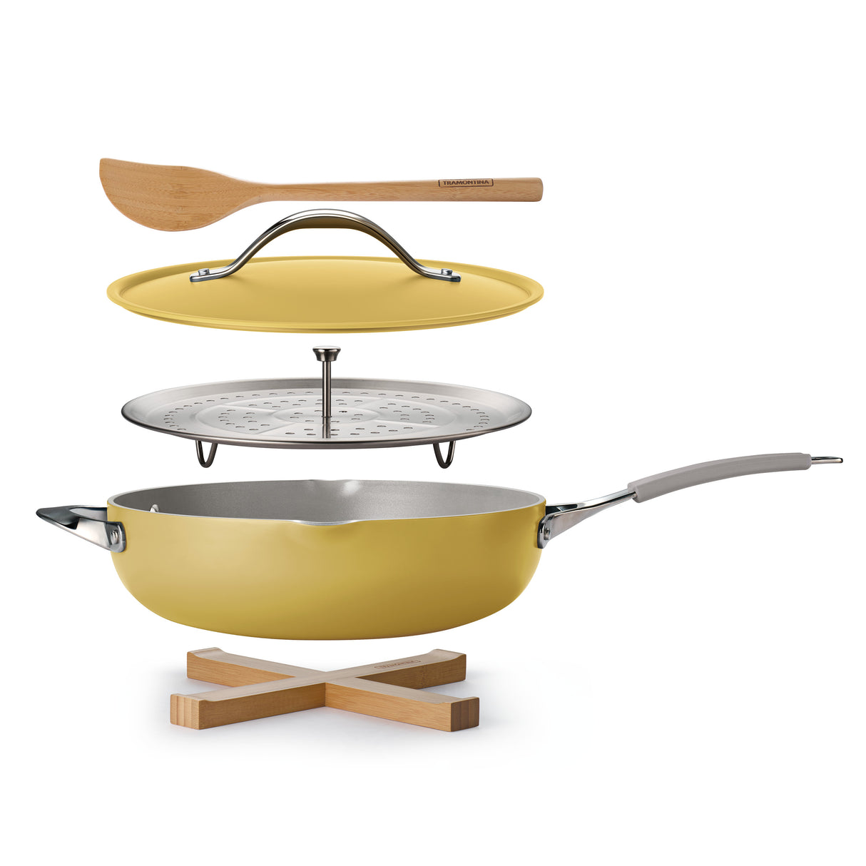 5 Quart Plus Pan w / Steamer and 2 Utensils - Yellow