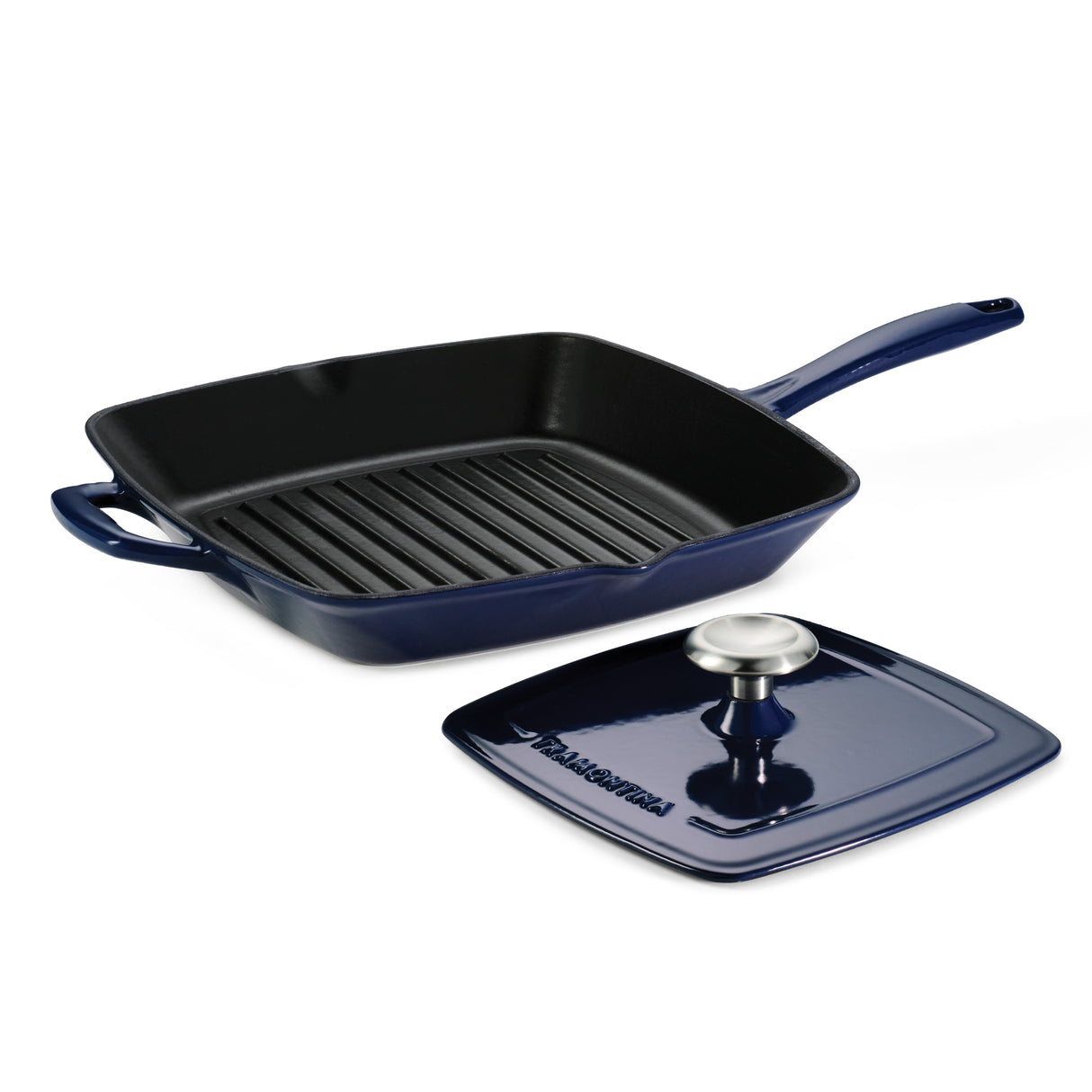 11 Inch Enameled Cast Iron Grill Pan and Press - Gradated Cobalt