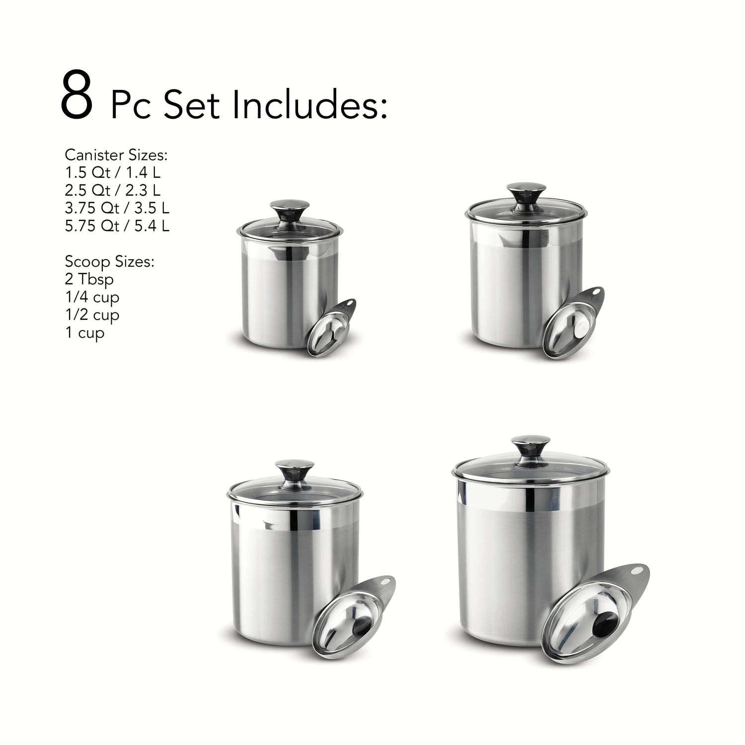 8 Piece Stainless Steel Covered Canister and Scoop Set