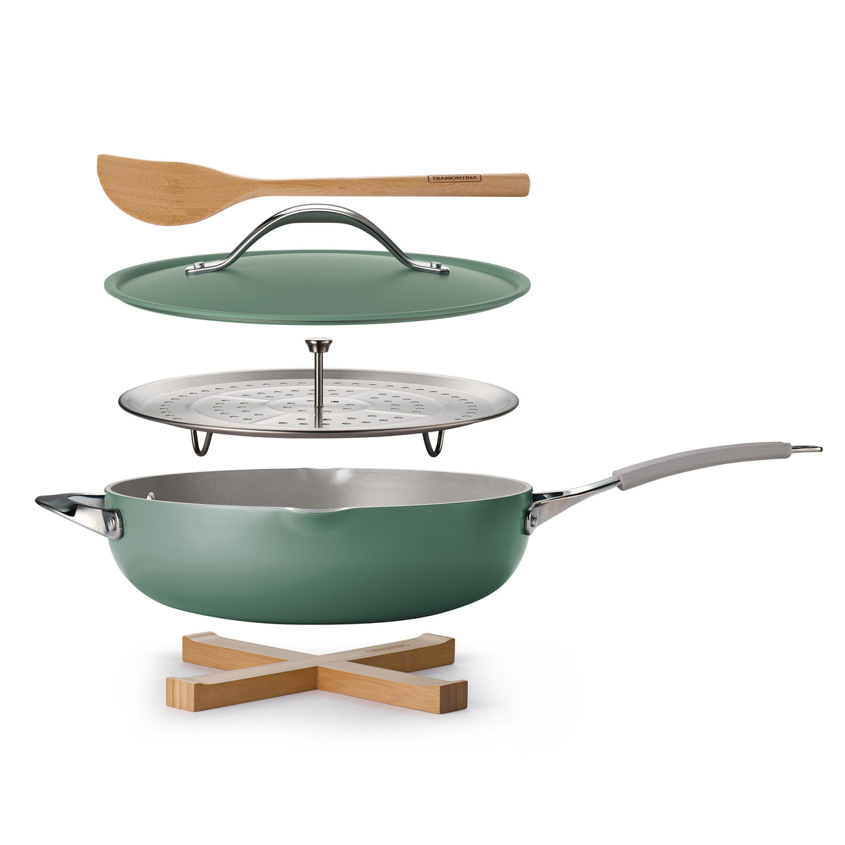 5 Quart Plus Pan w / Steamer and 2 Utensils - Green