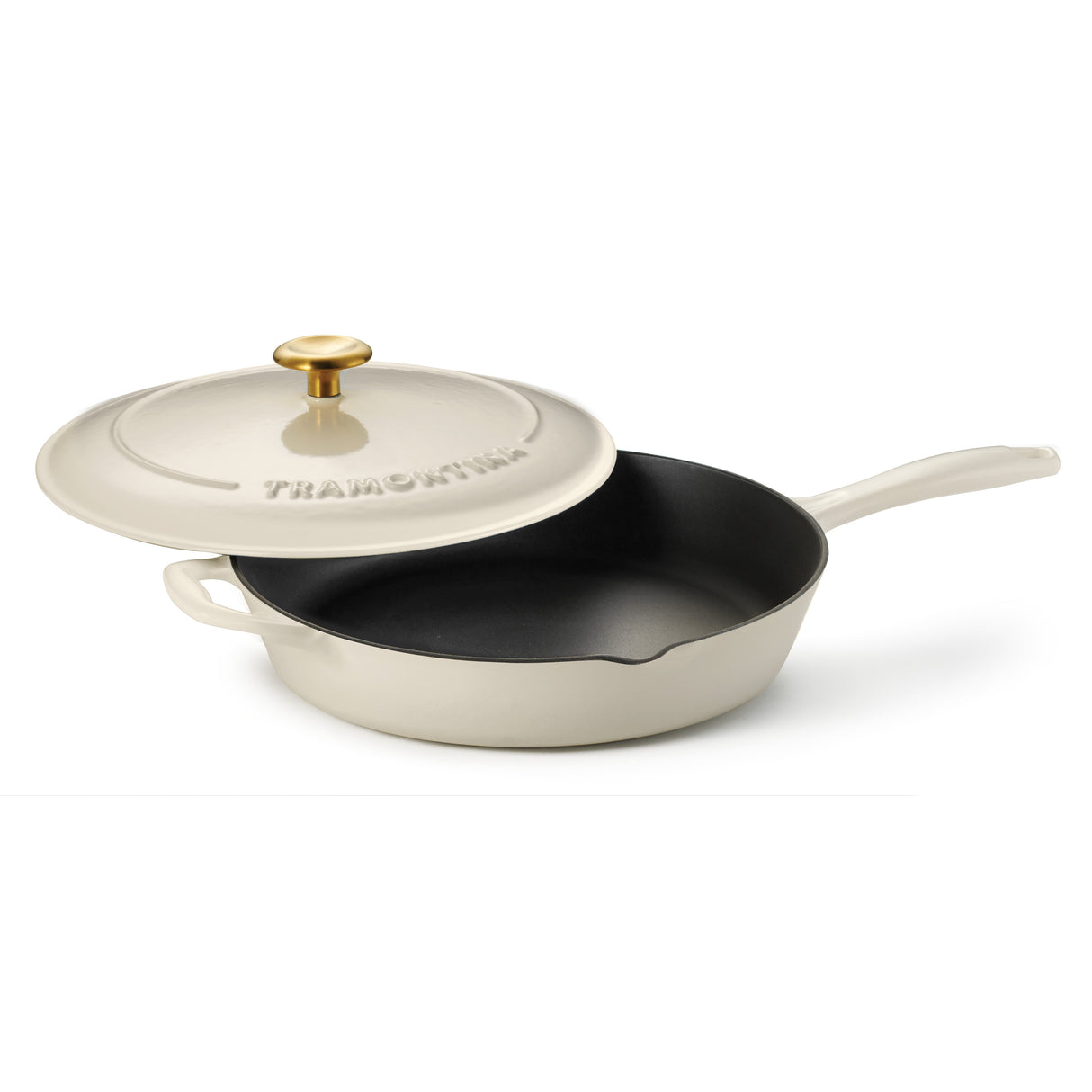 12 Inch Enameled Cast Iron Covered Skillet - Latte with Gold Stainless Steel Knob