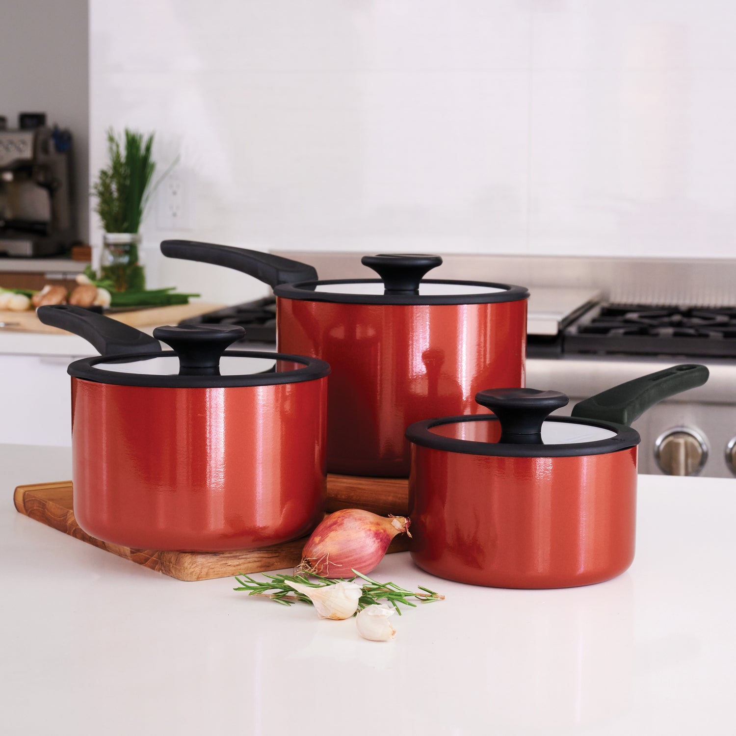 Nesting 6 Pc Nonstick Sauce Pan Set - Red