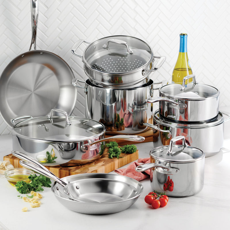 Tri-Ply Clad 12 Piece Stainless Steel Cookware Set with Glass Lids