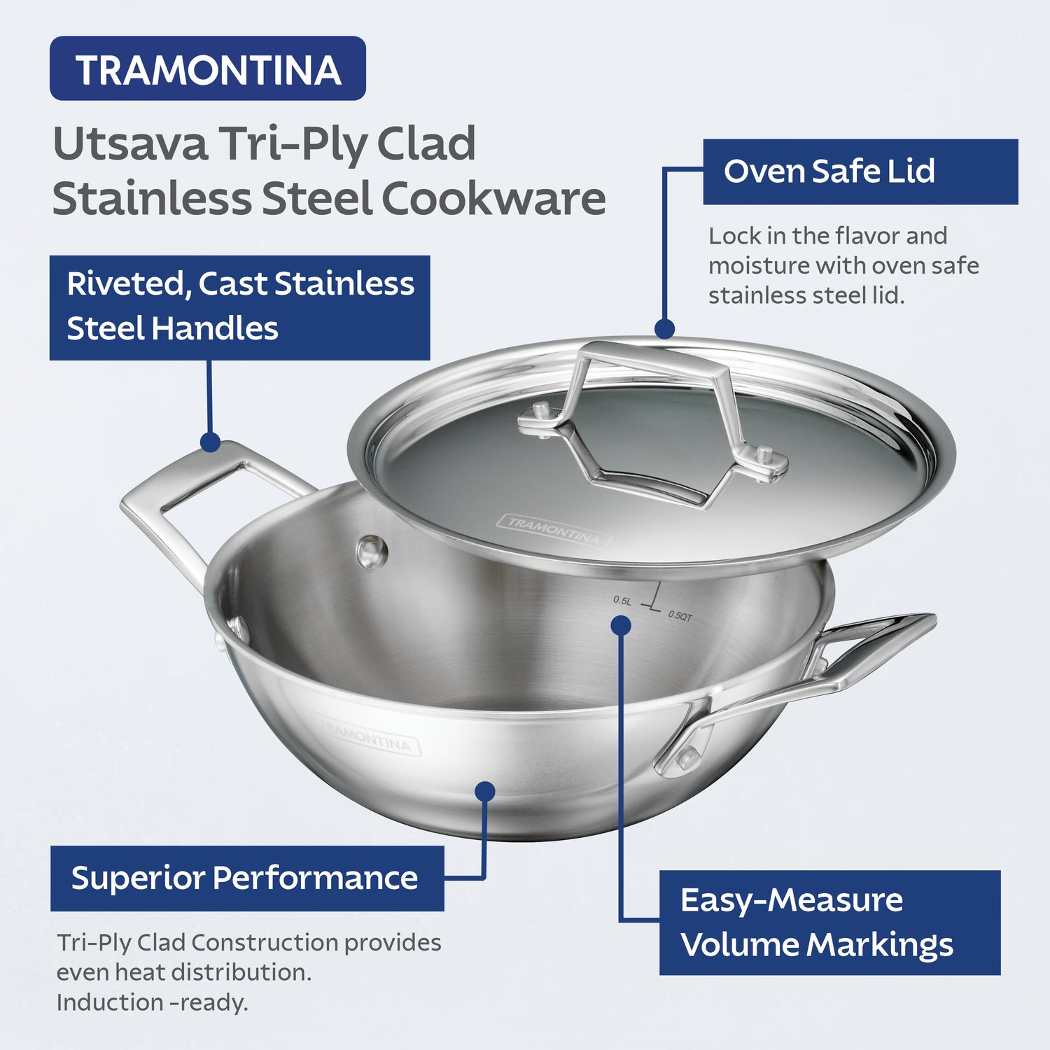 Utsava Tri-Ply Clad Stainless Steel Covered Kadai